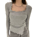 Damen Langarm T-Shirt Asymmetrischer Saum und quadratischer Ausschnitt Elegantes T-Shirt mit Wellenmuster für jeden Tag 2
