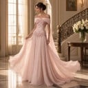 Damen lange Ball- und Abendkleider mit freiem Schulterbereich und Oberteil mit Blumenstickerei und Perlen, mit fließendem Rock in Rosa 6