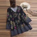 Damen lange Bluse mit Blumenmuster und langen Ärmeln V-Ausschnitt mit Knöpfen Spitzenrand Polyester und Baumwolle Bequemer, lockerer Schnitt 7