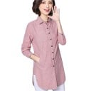 Damen lange gestreifte Bluse mit langen Ärmeln Klassischer Kragen Knopfverschluss Seitliche Taschen Abgerundeter Saum Baumwolle Lässiger Stil 4