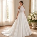Damen lange Hochzeitskleider im Boho-Stil mit freiliegenden Schultern und abnehmbaren Ärmeln mit offenen Rücken und Schleppe in Weiß 8