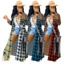 Damen lange karierte Bluse in Maxi-Länge Patchwork aus verschiedenen Mustern Lange Ärmel und Kragen Knopfverschluss Polyester mit Baumwolle 4