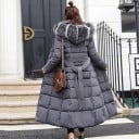 Damen lange Winterjacke mit Kapuze und flauschigem Rand Taillengürtel Steppung in Rechtecken Maxi Länge Polyester 8
