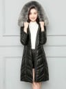 Damen lange Winterlederjacke mit Kapuze und Kunstfell V-förmige Steppung figurbetonter Schnitt Reißverschluss und Seitentaschen Leder 3