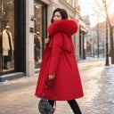 Damen lange Winterparka mit Kapuze und Fell mit plüschigem Futter und Kordelzug in der Taille mit Taschen für die Kälte 16