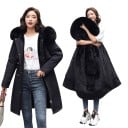 Damen lange Winterparka mit Kapuze und Fell mit plüschigem Futter und Kordelzug in der Taille mit Taschen für die Kälte 1