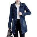 Damen langer Jeansmantel über die Hüften Hemdkragen Knopfverschluss Brusttaschen mit Klappen Ausgewaschene Optik Baumwolle 4