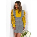 Damen Latz Minirock mit gerafften Rüschen an breiten Trägern Enganliegender Etuistil Quadrat-Ausschnitt mit Ausschnitt in der Mitte 4