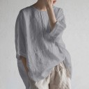Damen lockere Bluse aus 100% Baumwolle Rundhalsausschnitt Breite umgeschlagene Ärmel Verlängertes Rückenteil Seitliche Schlitze Falten 9