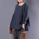 Damen lockere Bluse mit langen Ärmeln Feines Karomuster Rundhalsausschnitt Raffung an den Seiten Abgerundeter Saum 100% Baumwolle 3
