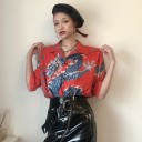 Damen lockeres Hemd mit kurzen Ärmeln und großem Drachenprint auf der Vorder- und Rückseite Verlängerte Passform Hemdkragen Polyester 6