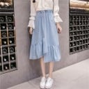 Damen Midi Jeansrock mit asymmetrischem Volant Gummibund A-Linien Schnitt Helle blaue Jeansware mit Polyester Für den täglichen Gebrauch 3