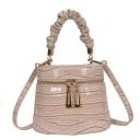 Damen Mini Tasche in Zylinderform Lackiertes Kunstleder mit Krokodilprägung Geraffter Griff Langer Schultergurt 17 x 11 x 13 cm 4