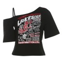 Damen Off-Shoulder T-Shirt Lockere Passform Stylischer Print Streetwear Motiv Modisches Top mit asymmetrischem Ausschnitt Sommer Casual Fashion 2