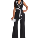 Damen Overall Einfarbiges Modell Weite Hosen Breite Träger Kragen Taillierung mit Bindeband V-Ausschnitt Polyester Spandex 1