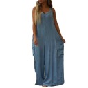 Damen Overall lockere Passform Einfarbiges Top mit O-Ausschnitt Lange Hosen mit Taschen Leichter Polyester Overall für den Sommer 4