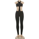 Damen Overall Schwarz mit Ausschnitt Asymmetrischer Top Lange Hosen Eleganter Schnitt Elastisches Material Polyester Spandex Modernes Design 6