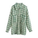 Damen Oversize Hemd mit langen Ärmeln Karomuster in Grün und Cremefarbig Brusttaschen mit Klappen Fransige Säume Polyester 1