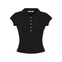 Damen Poloshirt Crop Top Schwarze Ausführung V-Ausschnitt mit Kragen und Knöpfen Polyester Kurzes Top Moderner Stil 1
