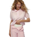 Damen Poloshirt mit kurzen Ärmeln Einfarbiges Design V-Ausschnitt mit Kragen und Knöpfen Baumwolle mit Polyester 2