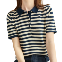Damen Poloshirt mit kurzen Ärmeln Gestreiftes Design V-Ausschnitt mit Kragen und Knöpfen Baumwoll Sommeroberteil 5