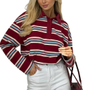 Damen Poloshirt mit langen Ärmeln Gestreiftes Design V-Ausschnitt mit Kragen und Knöpfen Baumwolle mit Spandex 1