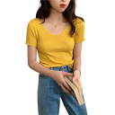 Damen Pullover T-Shirt aus Acryl mit kurzen Ärmeln und V-Ausschnitt Einfarbig elegantes gestricktes T-Shirt Universelle Größe für Sommer und Herbst 8