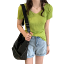 Damen Pullover T-Shirt aus Acryl mit kurzen Ärmeln und V-Ausschnitt Einfarbig elegantes gestricktes T-Shirt Universelle Größe für Sommer und Herbst 7
