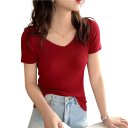 Damen Pullover T-Shirt aus Acryl mit kurzen Ärmeln und V-Ausschnitt Einfarbig elegantes gestricktes T-Shirt Universelle Größe für Sommer und Herbst 3