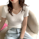 Damen Pullover T-Shirt aus Acryl mit kurzen Ärmeln und V-Ausschnitt Einfarbig elegantes gestricktes T-Shirt Universelle Größe für Sommer und Herbst 2