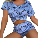 Damen-Pyjama in blauer Farbe mit Herzchenmuster und Aufschriften Love T-Shirt mit kurzen Ärmeln und Shorts aus Polyester und Spandex Bequemer Schlaf 1