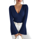 Damen Ripp-Top mit tiefem V-Ausschnitt Langarm Elegante Bluse mit Rüschensaum Glockenärmel Slim Fit 5