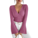 Damen Ripp-Top mit tiefem V-Ausschnitt Langarm Elegante Bluse mit Rüschensaum Glockenärmel Slim Fit 6