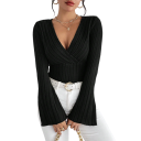 Damen Ripp-Top mit tiefem V-Ausschnitt Langarm Elegante Bluse mit Rüschensaum Glockenärmel Slim Fit 4