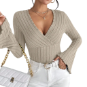 Damen Ripp-Top mit tiefem V-Ausschnitt Langarm Elegante Bluse mit Rüschensaum Glockenärmel Slim Fit 2
