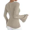 Damen Ripp-Top mit tiefem V-Ausschnitt Langarm Elegante Bluse mit Rüschensaum Glockenärmel Slim Fit 3
