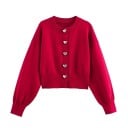 Damen roter gestrickter Cardigan mit herzförmigen Knöpfen aus Polyester mit rundem Ausschnitt und langen Ärmeln für Herbst und Winter 1