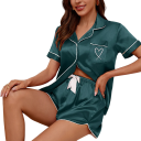 Damen Samt Pyjama mit kurzen Ärmeln und Shorts V-Ausschnitt mit Kragen und Knöpfen Einfarbiger eleganter Set aus Polyester und Elasthan 11