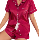 Damen Samt Pyjama mit kurzen Ärmeln und Shorts V-Ausschnitt mit Kragen und Knöpfen Einfarbiger eleganter Set aus Polyester und Elasthan 3