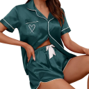 Damen Samt Pyjama mit kurzen Ärmeln und Shorts V-Ausschnitt mit Kragen und Knöpfen Einfarbiger eleganter Set aus Polyester und Elasthan 4