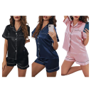 Damen Satin Pyjama mit kurzen Ärmeln und Shorts Einfarbiges Set mit Knöpfen aus Polyester und Elasthan Leichter Sommer Schlafanzug 10