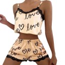 Damen Satin Pyjama mit Spitzenrand Einfarbig mit Herzen und dem Schriftzug Love Top mit V-Ausschnitt und Shorts aus Polyester und Spandex 1