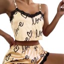 Damen Satin Pyjama mit Spitzenrand Einfarbig mit Herzen und dem Schriftzug Love Top mit V-Ausschnitt und Shorts aus Polyester und Spandex 2