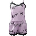 Damen Satin Pyjama mit Spitzenrand Einfarbig mit Herzen und dem Schriftzug Love Top mit V-Ausschnitt und Shorts aus Polyester und Spandex 5