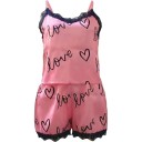 Damen Satin Pyjama mit Spitzenrand Einfarbig mit Herzen und dem Schriftzug Love Top mit V-Ausschnitt und Shorts aus Polyester und Spandex 6