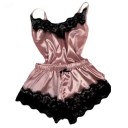 Damen Satin Pyjama mit Spitzenrand Top mit V-Ausschnitt und Shorts Einfarbiges elegantes Set aus Polyester Verschiedene Farben 4