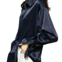 Damen Satinbluse mit langen Ärmeln Elegantes Hemd Lockere Passform Knopfverschluss Leicht glänzendes Material für Tag und Abend 3