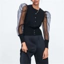 Damen schwarze Bluse mit langen transparenten, luftigen Ärmeln Knopfverschluss Rundhalsausschnitt Breite Manschetten Polyester und Baumwolle 3