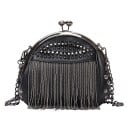 Damen schwarze Crossbody-Tasche mit Metallrahmen und Kugelverschluss Fransen aus Ketten und Nieten PU-Leder und Polyester 23 x 18 x 10 cm 1