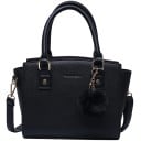 Damen schwarze Handtasche und Schultertasche Tasche mit erweiterten Seiten und dekorativem Pompon Kunstleder PU Abnehmbarer Riemen 30 x 20 x 11 cm 1